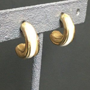 Hoop Pierced Earrings Gold White Center Acrylic Stripe Retro BoHo